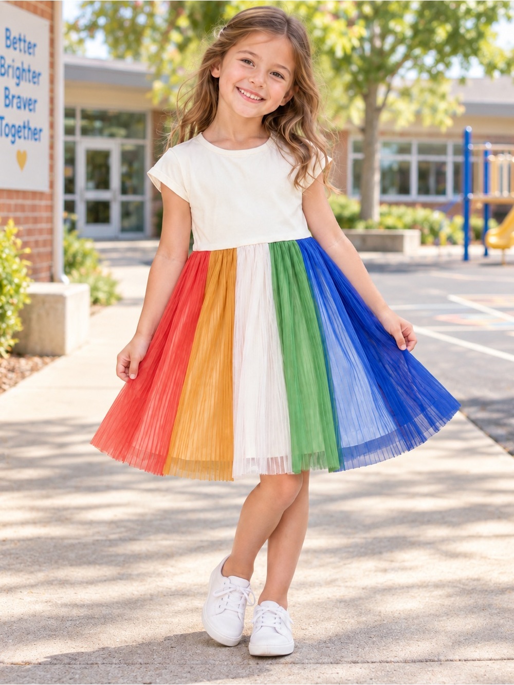 Hanna Andersson Girls Rainbow Pleated Tulle Dress Size 6/7 120